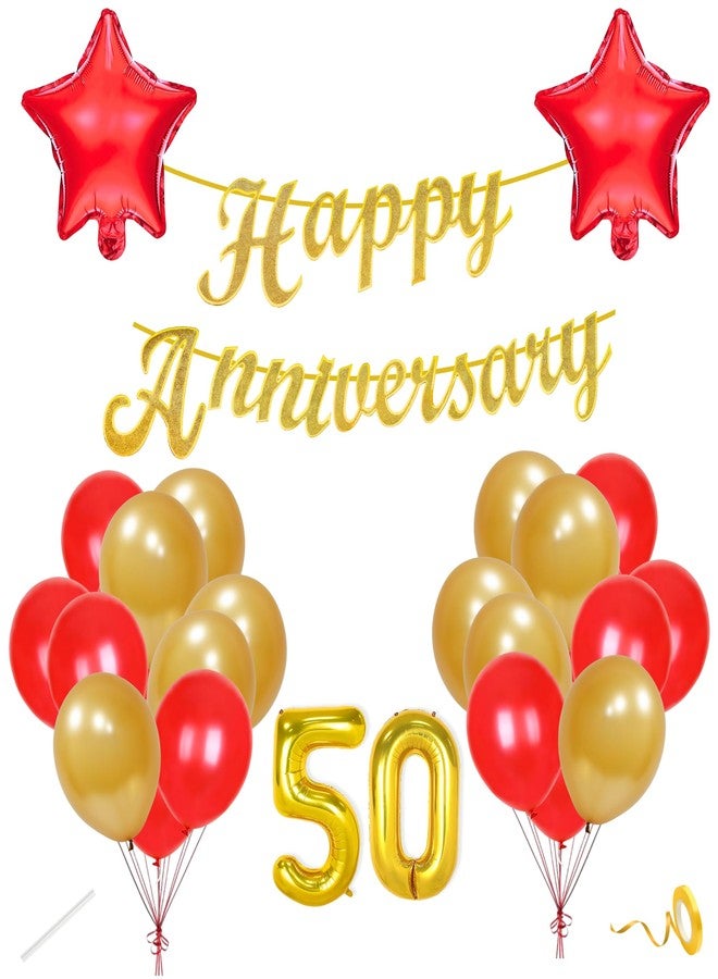 Flyloons 50th Happy Anniversary Decoration Items Red Gold for Men Women Husband Wife Parent Home Room With 20 Pcs Metallic Balloons Anniversary Banner 2 Pcs Star Set Kit Golden Jubilee - Image 1
